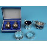 Collection of hallmarked silver to include blue glass lined condiment set
