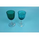 2 antique green wine glasses