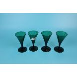 Set of 4 early green glass fluted wine glasses