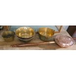 3 graduated brass jam pans and copper warming pan