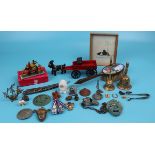 Collection of curios to include cast iron ram pulling trailer