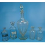 4 early chemical bottles and a large decanter A/F