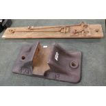 GWR track clamp marked 1912 & 3 mounted railway carriage hooks