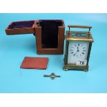 French cased bevelled glass carriage clock with key