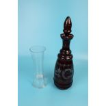 Edwardian etched vase & cranberry etched decanter