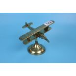 Art Deco themed brass model aeroplane on stand