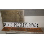 Metal signs to include Elvis Presley Boulevard & County of Warwickshire