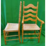 Set of 6 beech & rush seated dining chairs & 2 carvers