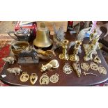 Collection of metalware to include large bell & figures