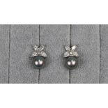 Fine pair of 18ct white gold black pearl & diamond earrings
