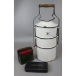 Enamel tiffin carrier & 2 biscuit tins