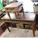 Metal bound Sheesham wood side table and another