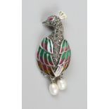 Silver & plique-à-jour peacock brooch