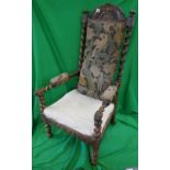 Early carved oak barley twist throne chair with original William Morris style fabric