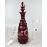 Large Victorian rummer with slice cut decoration, Edwardian etched vase & cranberry etched decanter