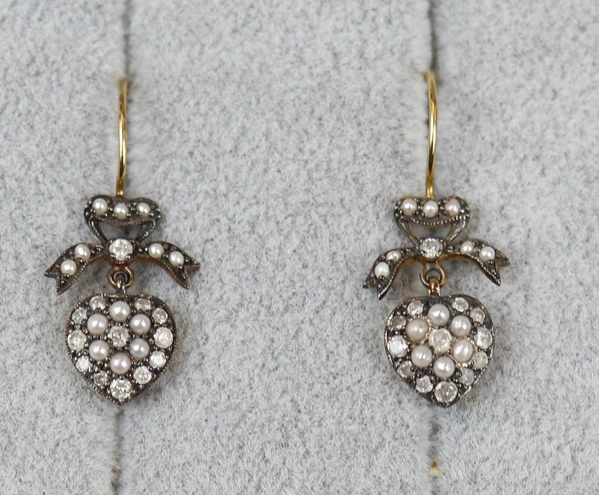 Diamond & pearl heart drop earrings