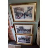 3 large prints in decorative gilt frames - Parisian street scenes