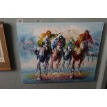 Oil painting - Horse racing - Approx 61cm x 50cm