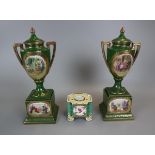 Pair of green vases - Approx H: 36cm & inkstand
