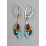 Pair of silver turquoise & amber earrings
