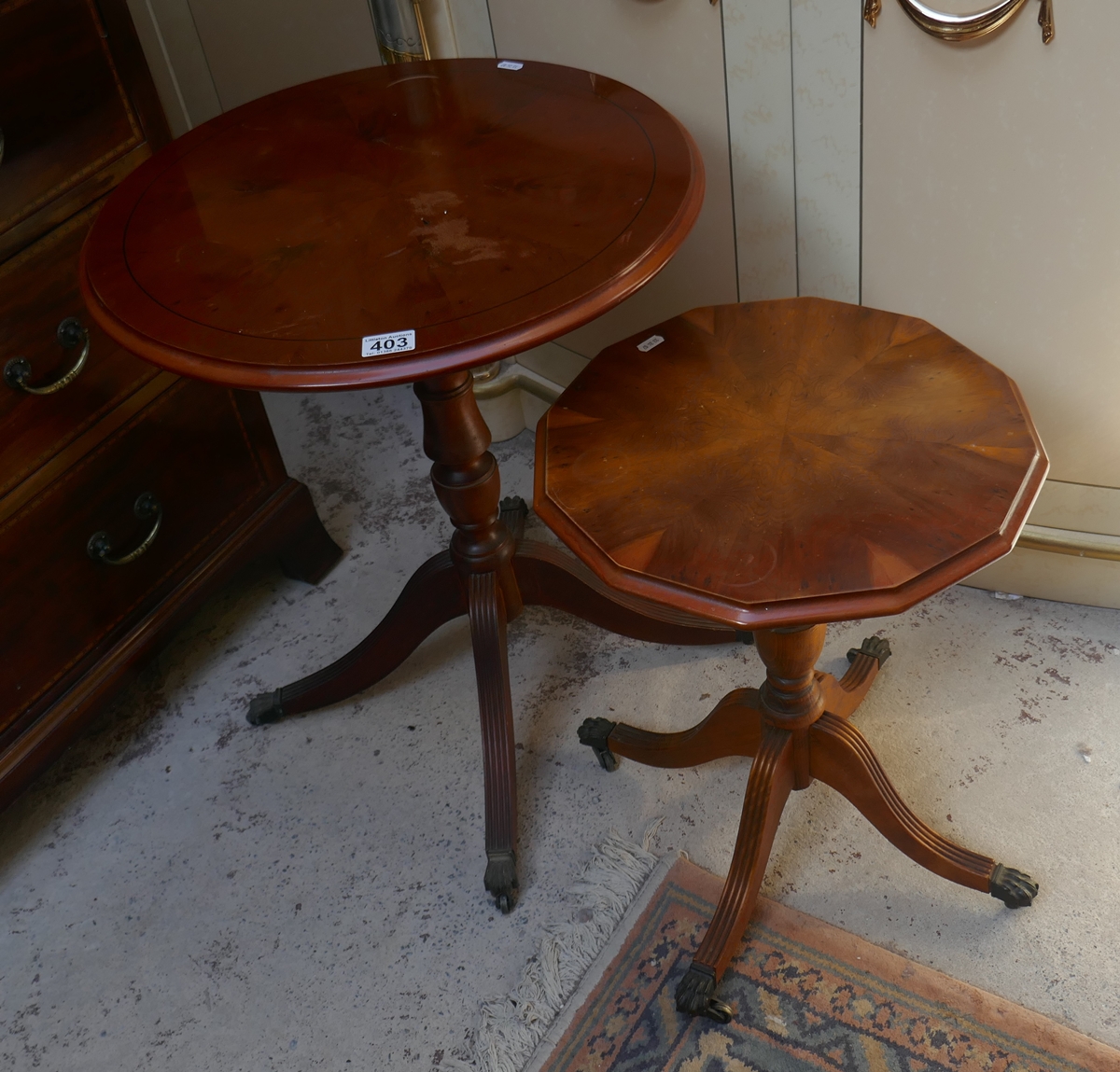 2 yew wood occasional tables