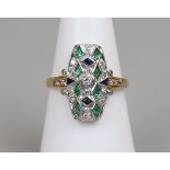 18ct gold Art Deco style sapphire, emerald & diamond ring