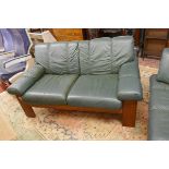 Teak framed & green leather Ekornes / Stressless 2 seater sofa