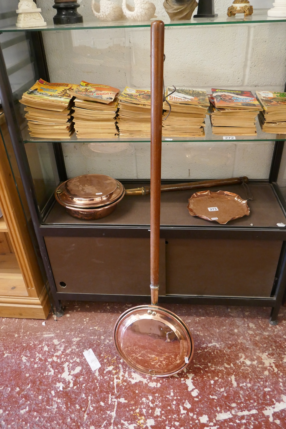 2 copper warming pans and a beaten copper tray