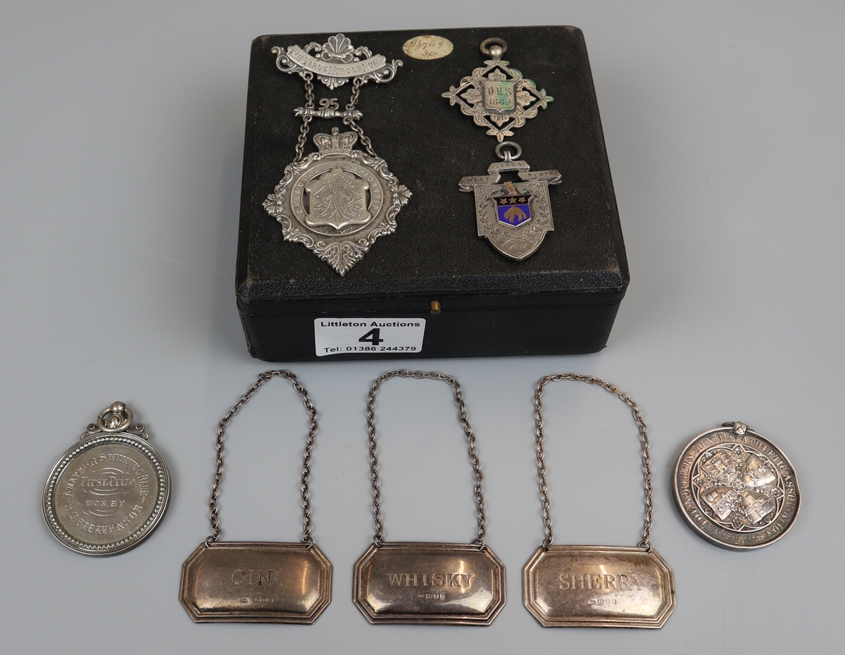 Collection of silver & white metal to include decanter labels