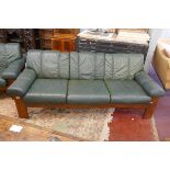 Teak framed & green leather Ekornes / Stressless 3 seater sofa