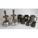 Collection of pewter to include tankards & candlesticks