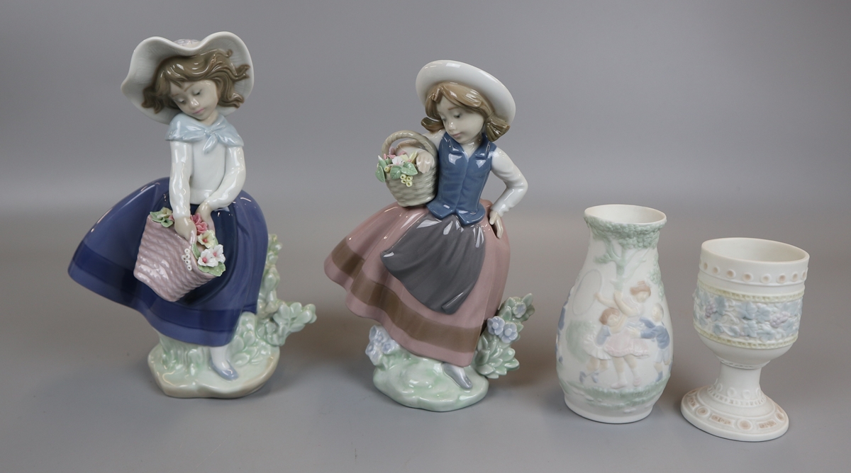 Lladro - 2 girl figures, small vase & eggcup