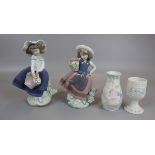 Lladro - 2 girl figures, small vase & eggcup