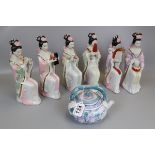 Set of 6 ceramic Geisha girl figures and Oriental teapot
