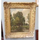 Oil painting - River scene in antique ornate gilt frame