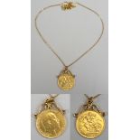 Half gold sovereign in pendant mount on 9ct gold chain - 1910
