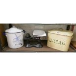 Enamel bread bin, flower bin & scales