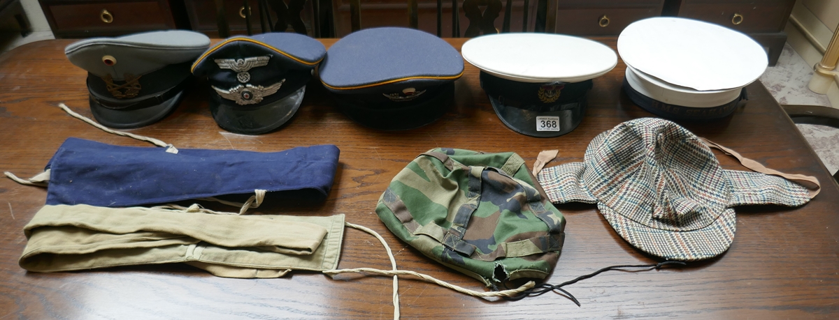 Collection of military caps etc to include 2 House of Hardy fishing rod bags