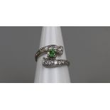 Fine platinum green diamond set ring, size M½