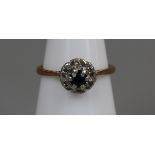 Gold sapphire & diamond cluster ring, size I½