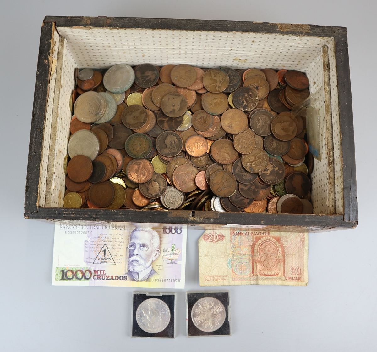 Coins & notes inside inlaid wooden box