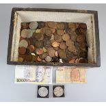 Coins & notes inside inlaid wooden box