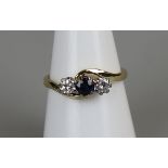 18ct gold 3 stone sapphire & diamond ring, size N½