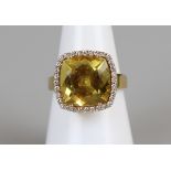 18ct gold citrine & diamond ring, size N¼