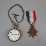 Hallmarked silver pocket watch with albert chain & medal