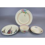 Clarice Cliff plate, sugar bowl, bowl & another hand painted plate