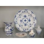 2 small Royal Copenhagen floral decorated posy vases and an oval pin dish with a swift, together