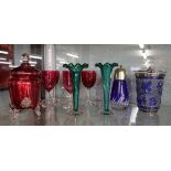 Collection of coloured glass to include Cranberry