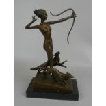 Bronze figure on marble base - Diana the Huntress - Approx H: 29cm