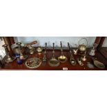 Shelf of brass to include small cobalt blue oil lamp